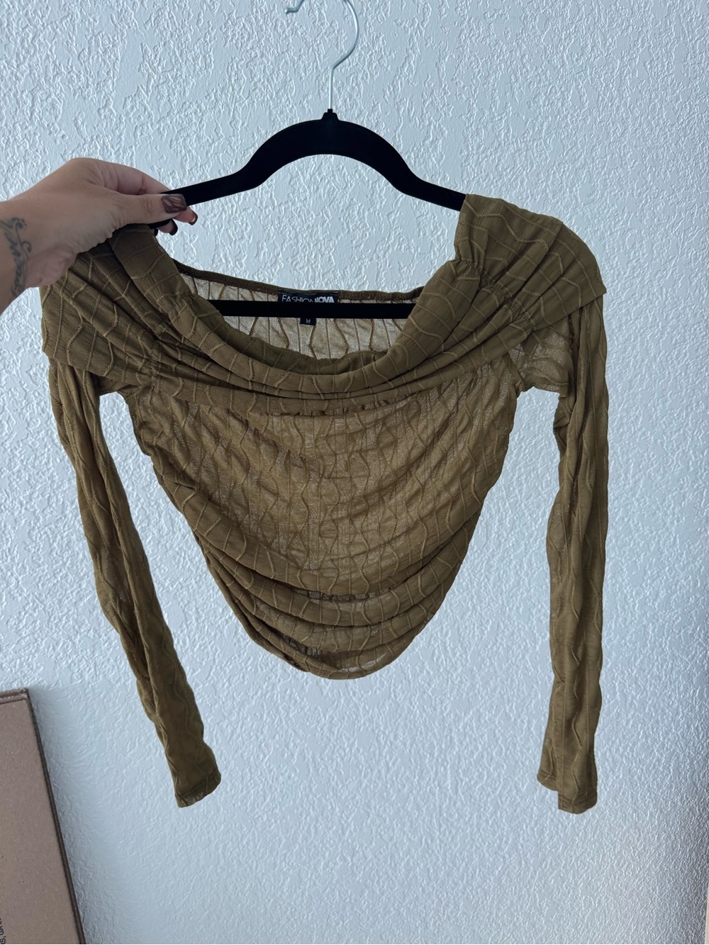 Fashion Nova Olive Draped Off-Shoulder Long Sleeve Crop Top